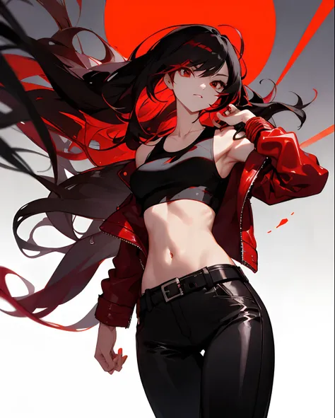 femele，Beautie，Red highlights on black hair，Long Wave Hair、Red Riders Leather Jacket Jacket，Leather Pants Belt，Tank Tops，Navel Ejection，Slender body，Real images with delicate details，sharp eye、Red eyeliner