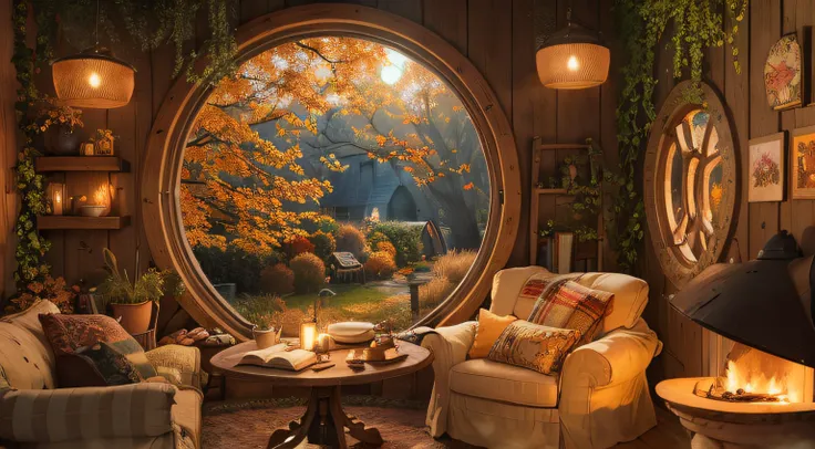 a cozy hobbit house at night in autumn, cozy autumn cloudy, interior with rounded fireplace,with rounded windows, theres a cozy bookshelf full of books, a cozy coffee can and a coffee cup, a pile of firewood