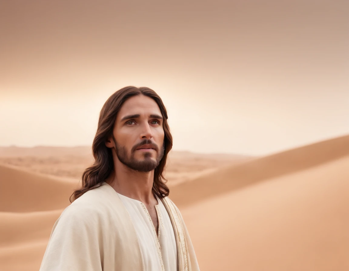 Jesus Cristo andando no deserto, vestes brancas e brilhantes, rosto sereno, wide angle, imagem 8k Ultra HD Ultra realista