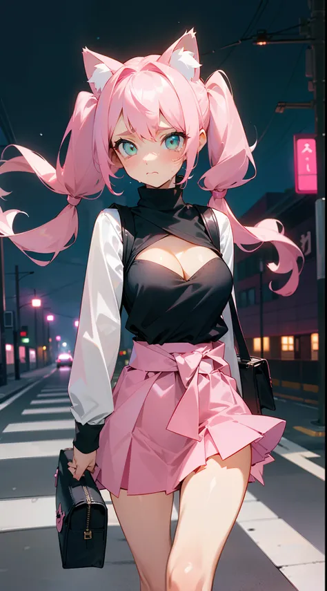 1girl,solo,sad face,crying,closed mouth((white blouse,little cleavage,black sweater around waist,pink skirt)),normal tits,(pink cat ears),light pink hair,mega twintail,big hair,green eyes,schoolbag,(((walking in a road on city in night))),cowboy shot