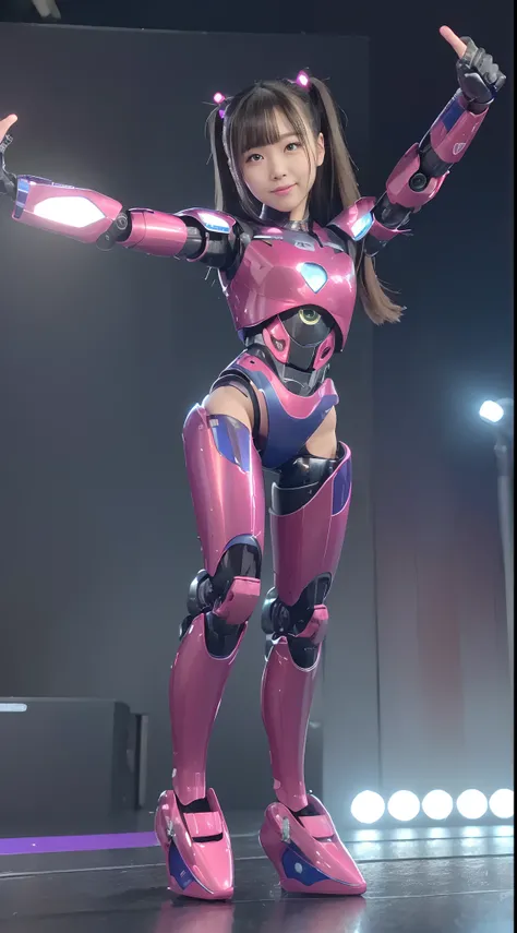 (Photorealsitic:1.4)、One Woman、(top-quality)、(hyperdetailed face)、(Super well-formed face)、((Robot Parts))、(Female robot)、(28 year old)、(Blue)、(pink there)、(Burgundy)、(metallic)、(full body)、(Sexy Pose)、(Slender body)、(Model body type)、(full body mech)、(Aki...