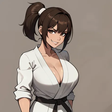 one female with short ponytail brown haircut, has brown eyes, wearing karate gi, alone, solo, (ALONE)(SOLO), showing cleavage, facing forward, looking at me, looking forward, smirk, looking casual, large chest