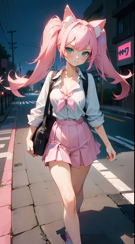 1girl,solo,sad face,closed mouth,white shirt,little cleavage,pink skirt,normal tits,(pink cat ears),light pink hair,mega twintail,long hair,green eyes,schoolbag,(((walking in a road on city in night))),cowboy shot