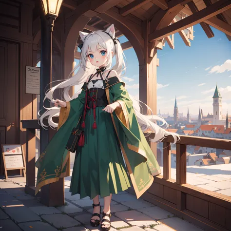 (very cute female child:1.6),10 yo,(Dandres costume:1.8),(green skirt:1.3),BREAK full body shot,medium shot,BREAK (kawaii,loli:1.5),(medieval german cityscape:1.5),Summer,day, Long hair,flat chest,Wind,BREAK  (extremely detailed CG unity 8k portrait:1.3),r...