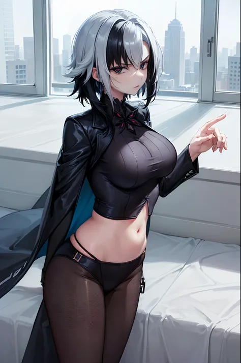 ((Masterpiece, best quality, high quality, highly detailed background)), ((apartement bedroom, blue sky, window city view)), ((arlecchino from genshin impact, arlecchino)), (((1girl, solo, short hair, white hair, black hair, multicolored hair, x-shaped pup...