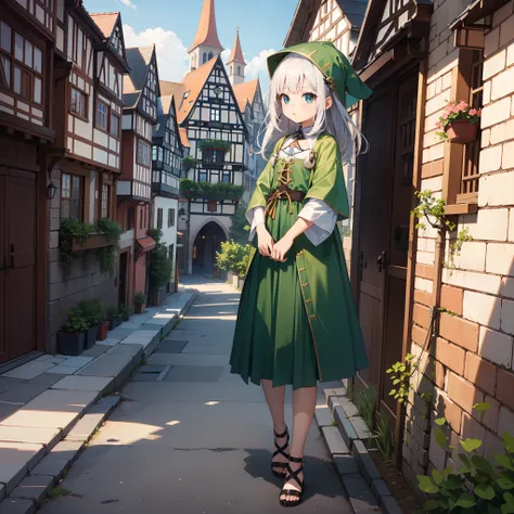 (very cute female child:1.6),10 yo,(Dandres costume:1.8),(green skirt:1.3),BREAK full body shot,medium shot,BREAK (kawaii,loli:1.5),(medieval german cityscape:1.5),Summer,day, Long hair,flat chest,Wind,BREAK  (extremely detailed CG unity 8k portrait:1.3),r...