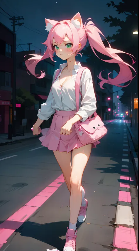 1girl,solo,sad face,closed mouth,white shirt,little cleavage,pink skirt,normal tits,(pink cat ears),light pink hair,mega twintail,long hair,green eyes,schoolbag,(((walking in a road on city in night))),cowboy shot