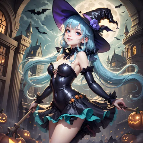 Masterpiece, long light blue hair, twin tails, glossy hair, charming smile, flying on broomstick,  full body, 17 years old, Halloween, open shoulder and chest costume, witch hat, big moon, castle, pumpkin, bat --auto --s2