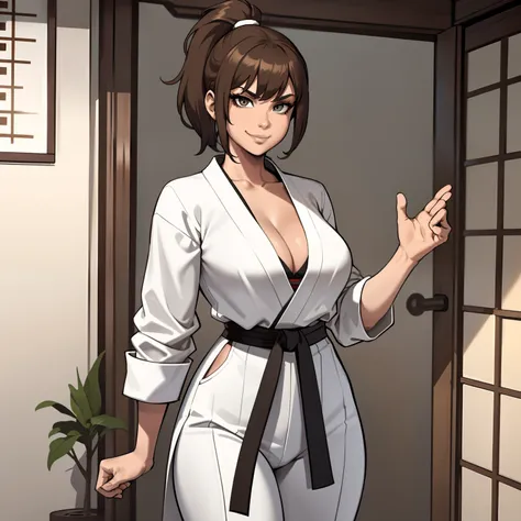 one female with short ponytail brown haircut, has brown eyes, wearing karate gi, alone, solo, (ALONE)(SOLO), showing cleavage, facing forward, looking at me, looking forward, smirk, looking casual, large chest