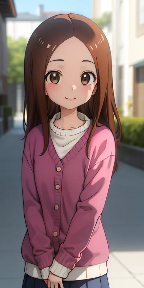 takagi-san, brown-hair, ojos marrones, 1girl, they are smiling, (((tiny breast))), (((bokeh))),profundidad de campo, cara hermos...