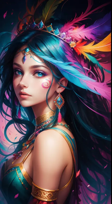 colorful portrait of a beautiful girl, vibrant colors, abstract elements, wearing a feather crown, fantasy style background, hyp...