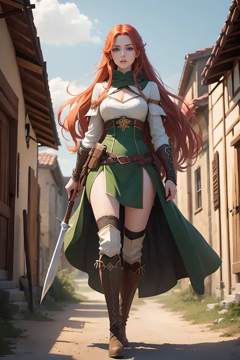 22 year old woman, red hair, long hair, green eyes, 167 tall, white skin, gray hunting, green colored clothing with yellow detail, brown colored boots, main user combat stick, fantasy medieval clothing style, 2D Character, Anime Style Latin Western Dash, f...