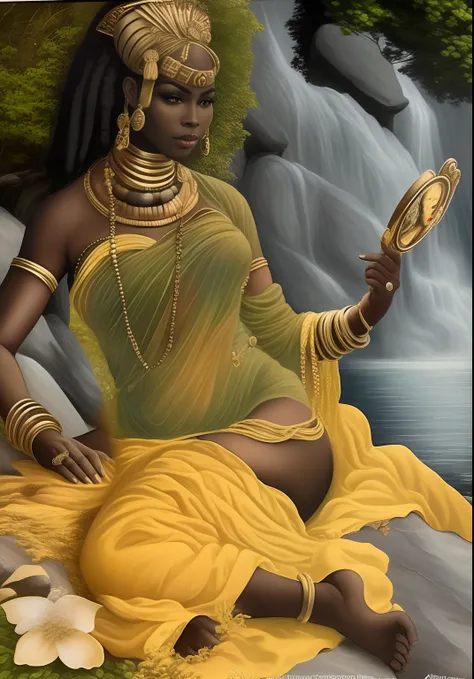 Painting of a woman sitting on a rock with a mirror in her hand, pele escura deusa feminina do amor, Princesa negra africana, Princesa Africana, Rainha africana, deusa feminina, Princesa africana deslumbrante, Mitologia africana, deusa bonita, Um retrato i...