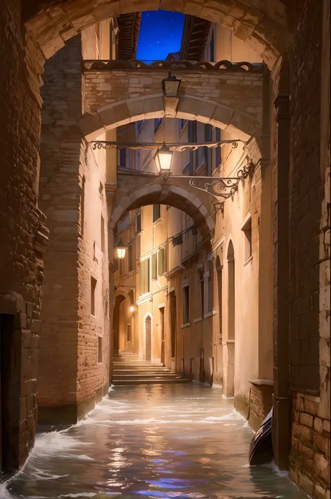 A very detailed photography of a venice water canal between ancient houses, night, iperrealistic, (gondola:1.3), (masterpiece: 1.4), stars in the sky, three arcs between the sides of the canal