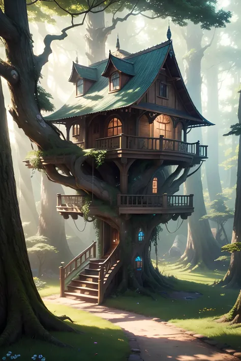 Landscape of a beautiful fantasy three tier tree house, highly detailed, clear photography, photorealistic, soft pastel colours, highly detailed, intricate, path tracing, illustration, insanely detailed, shadow mapping volumetric light, specular lighting