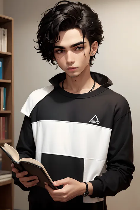 garoto com cicatriz na testa, cabelo preto ate os ombros, White sweatshirt with symbols and a book in hand