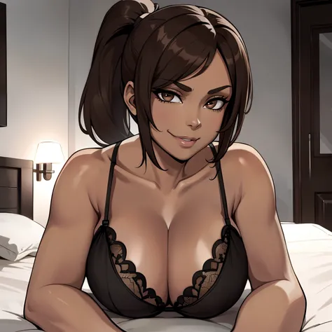 one female with short ponytail brown haircut, has brown eyes, black lingerie, alone, solo, (ALONE)(SOLO), showing cleavage, facing forward, looking at me, looking forward, smirk, looking casual, large chest, laying comfy on a bed, alluring gaze