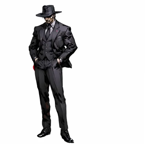 Man in suit and hat standing with hands on hips, Gungrave, noir detective and a fedora, neo noire, Jesse McCrea, neo - noire, neo - noir style, neon noire, neo noir style, noir film world character design, raiden metal gear, in yoji shinkawas art style