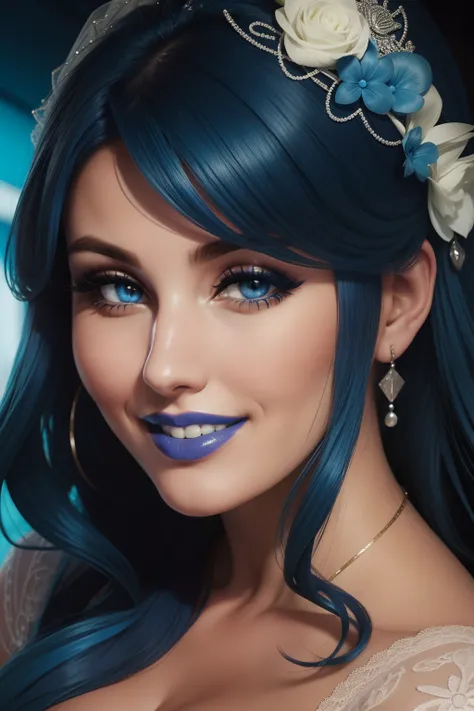 lucy pinder, face portrait, blue hair, blue lipstick, bride, smiling.