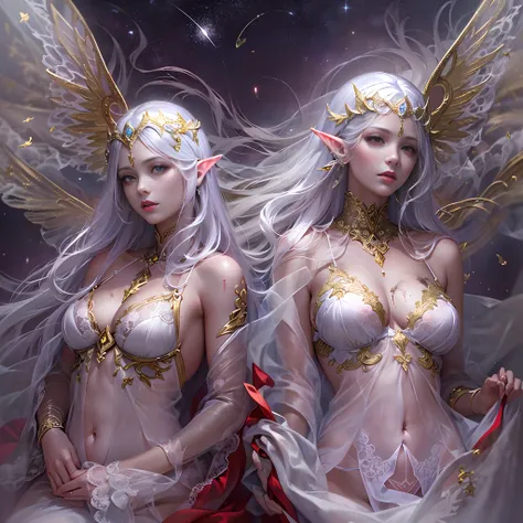 Sisters, Milky Way, Crescent Moon, Meteor Shower, Silver Hair, Feathered Angel Wings, Elven Ears, Transparent Finish, Realistic Body Lines, (((Many long white lace veils flutter in the wind))),((Red tattoo with womb under the navel))))), (Silk gold and sil...