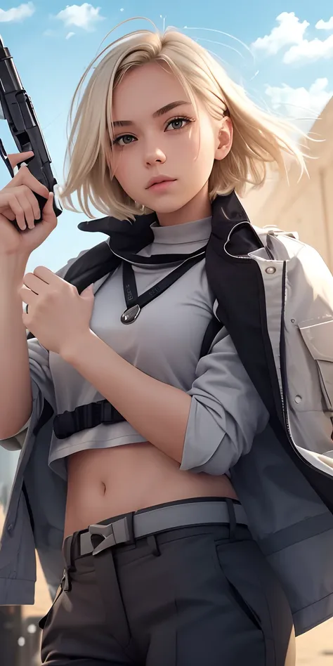 1girl,blonde hair,short hair,holding a gun,grey and white clothes,black pants