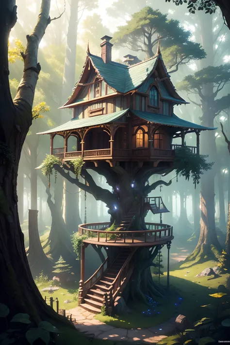 Landscape of a beautiful fantasy three tier tree house, highly detailed, clear photography, photorealistic, soft pastel colours, highly detailed, intricate, path tracing, illustration, insanely detailed, shadow mapping volumetric light, specular lighting