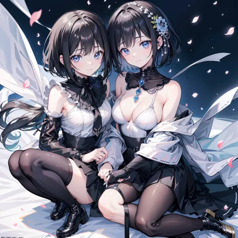 kawaii　a beauty girl　A dark-haired　short-haired　bob cuts　Sideways braided hair　fluffy hair　light blue  eyes　Black Dress　Black Pants Stockings　Black boots　long black gloves　Flower Garden　high-level image quality　hightquality　4K　ssmile　A smile　pitiful　1 girl...