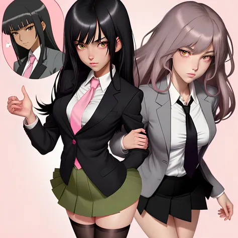 1 girl, slim, full body, muscular, Shaggy hair, black hair, black eyes, beautiful face, pink lips, blush, light skin, school uniform, Gray Blazer, Red Tie, Green Skirt, black stockings, Mary Jane, best quality, anime illustration style,