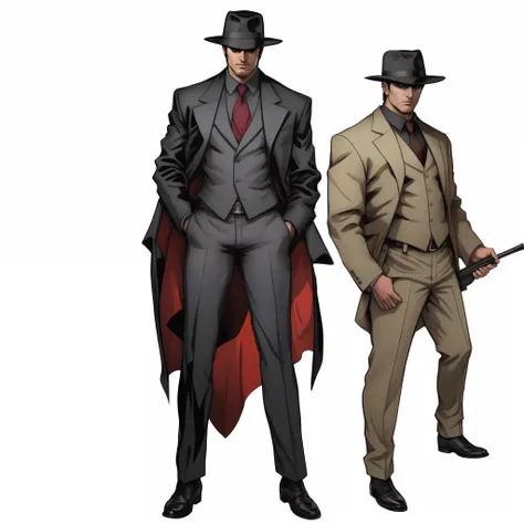 Batman and Dracula standing next to each other, noir film world character design, noir detective and a fedora, Gungrave, Mike Deodart, rorschach, style of raymond swanland, neo - noire, Detective Suit, neo - noir style, mike deodato jr, Mafia, shadowrun ch...