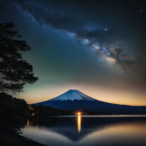 Master Parts、Superior Quality、superior image quality、The 8k quality、、Beautiful pictures of the starry sky、magnifica、Arched Milky Way:1.9、Mt fuji、Blue surface of the lake