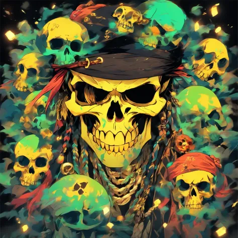 Create an image PFP of pirate skull for an NFT collection called "Pirate Skull", each picture must be different and unique, with dark background, many hat colors, gold accessories, brilliant eyes (blue, brown, black, green), many body and face colors (blac...