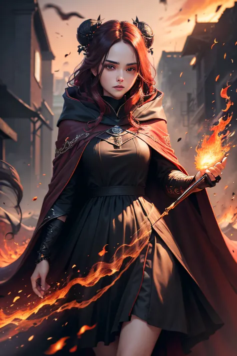 high res, ultrasharp, 8K, masterpiece, looking at viewer, full body photo, red headgear, magnificent scene, epic scenes, 
1girl, long wavy black hair, brown eyes, wearing cloak, (((flowing cloak))), ((detailed eyes, high quality eyes, high quality face)), ...