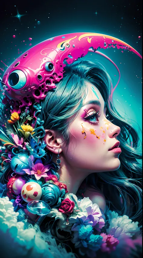 A woman with a colorful face and a crescent on her head, Arte de Alessandro Pautasso, sonho colorido, pintura digital colorida, Pintura digital intrincada, arte de fantasia digital colorida, psychedelic art style, arte colorida bonita!, Jen Bartel, colorid...