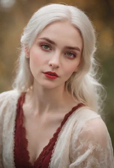 (((a deep reddish wound crosses her left cheek))) fair complexion, woman around 19 years old, natural white hair, distinctive green eyes, wearing kohl, slender and graceful, beautiful, candlelight in a medieval setting, ultra sharp focus, realistic shot, m...