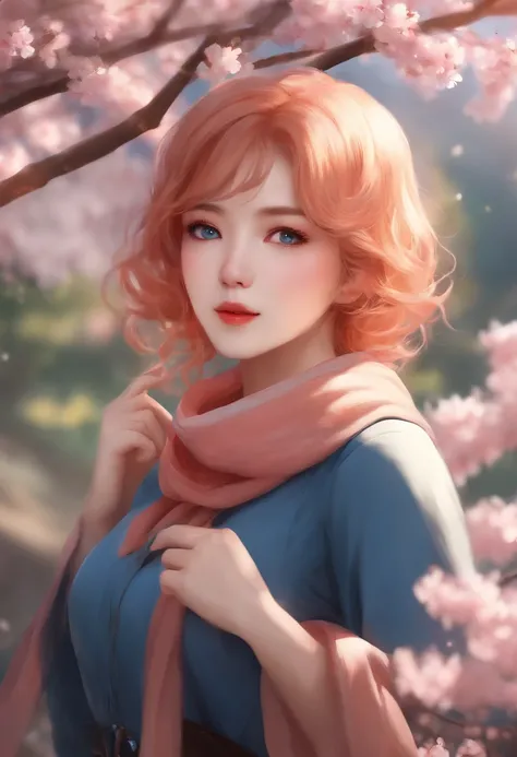 sam yang, 1girl, blue eyes, peach hair, blurry, blurred background, Cherry blossoms, lips, Looking Up, Short Hair Hair, profile, a scarf, 独奏, ((tmasterpiece))