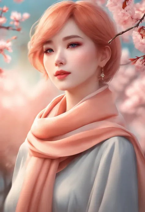 sam yang, 1girl, blue eyes, peach hair, blurry, blurred background, Cherry blossoms, lips, Looking Up, Short Hair Hair, profile, a scarf, 独奏, ((tmasterpiece))