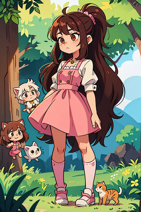 2 girls, Girl with white hair holding a kitten. Girl with brown hair and pink dress holding kitten. A park