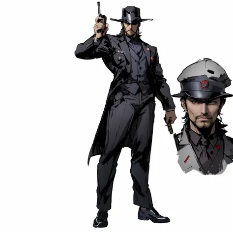 Anime character with hat and sword in uniform, raiden metal gear, inspired by Oka Yasutomo, Metal Gear Solid Concept Art, Leiji Matsumoto, in yoji shinkawas art style, metal gear solid anime cyberpunk, or Shinkawa, Gungrave, konami concept art, Jotaro Kujo...