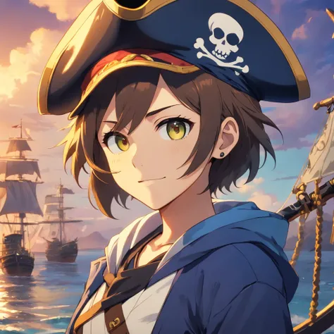 Create an image PFP of pirate skull for an NFT collection called "Pirate Skull", each picture must be different and unique, with dark background, many hat colors, gold accessories, brilliant eyes (blue, brown, black, green), many body and face colors (blac...