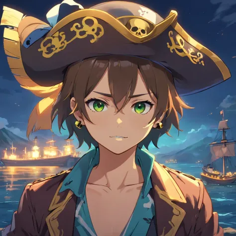 Create an image PFP of pirate skull for an NFT collection called "Pirate Skull", each picture must be different and unique, with dark background, many hat colors, gold accessories, brilliant eyes (blue, brown, black, green), many body and face colors (blac...