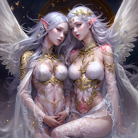 Sisters, Milky Way, Crescent Moon, Meteor Shower, Silver Hair, Feathered Angel Wings, Elven Ears, Transparent Finish, Realistic Body Lines, (((Many long white lace veils flutter in the wind))),((Red tattoo with womb under the navel))))), (Silk gold and sil...