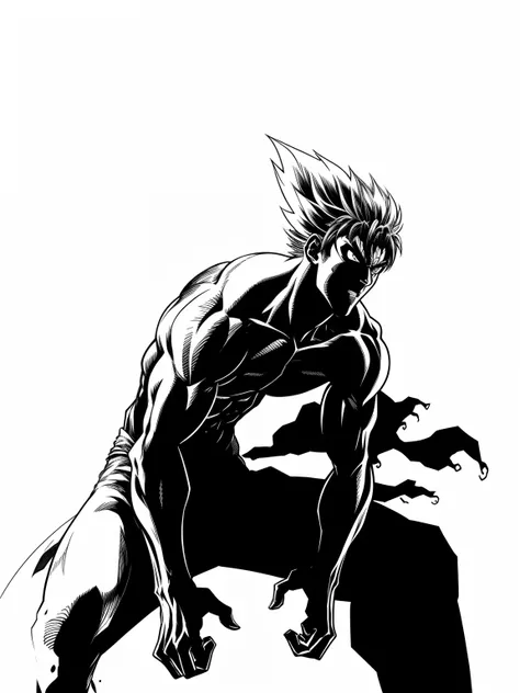 um desenho preto e branco de um homem com um punho, inspirado em Garou, Garou One puch man, striking manga artstyle, kentaro miura manga art style, Directed by: Mike Deodato, kentaro miura manga style, ink manga drawing, 4 k manga wallpaper, Tetsuo futuris...