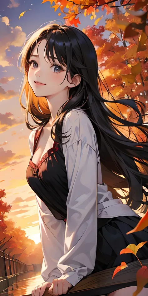 realisticlying、10 years old female child、Outdoor Fashion、Long Wave Hair、Gingko tree、Beautiful autumn leaves、Slightly larger breasts with an emphasis on cleavage、Versatile sexy poses、The sky turns red at sunset、Face smile