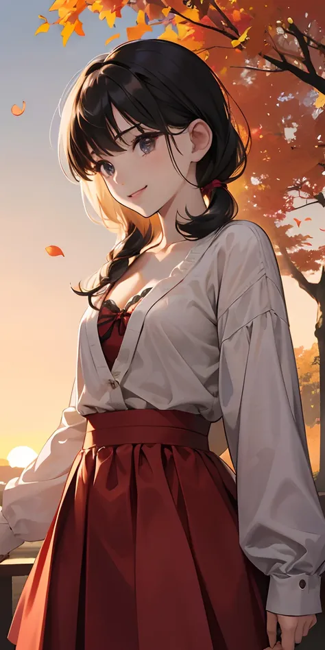 realisticlying、10 years old female child、Outdoor Fashion、Gingko tree、Beautiful autumn leaves、Slightly larger breasts and emphasis on cleavage、Sexy Posing、The sky turns red in the setting sun、Face smile