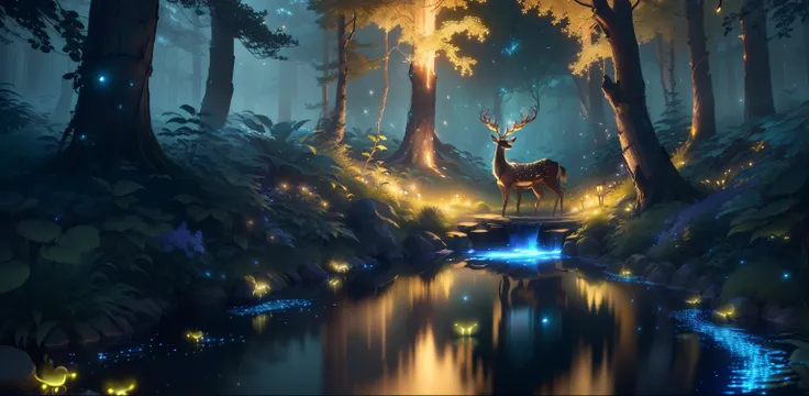 Masterpiece, best quality, (very detailed CG unity 8k wallpaper), (best quality), (best illustration), (best shadows), glow sprite, with a glowing deer, in a pool Drinking water, natural elements in the forest theme. Mysterious forest, beautiful forest, na...