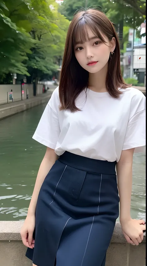 finely detail, hight resolution, hightquality、Perfect dynamic composition, Beautiful detailed eyes, bob cuts, Natural Color Lip, full bodyesbian、1人の女性、long  skirt、Shibuya、college aged、thigh visible、Paths along the river