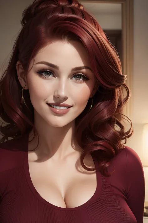 lucy pinder, face portrait, smiling, maroon hair, curly hair, hair tied in a chignon, girlfriend, red lipstick