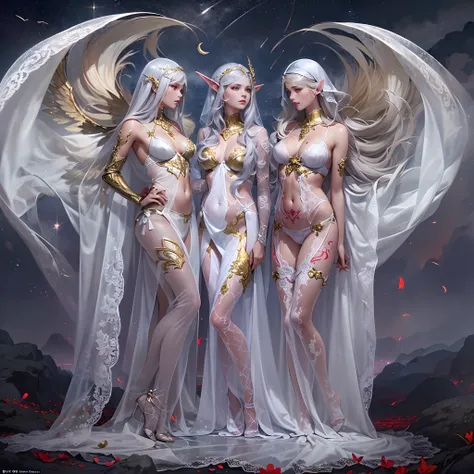 Sisters, Milky Way, Crescent Moon, Meteor Shower, Silver Hair, Feathered Angel Wings, Elven Ears, Transparent Finish, Realistic Body Lines, (((Many long white lace veils flutter in the wind))),((Red tattoo with womb under the navel))))), (Silk gold and sil...