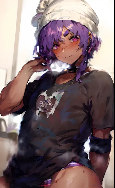 femboy, otoko no ko, feminine male, lavender hair, thick eyebrows, freckles, blushing, dark skin, acquiline nose, piercings, beanie, flannel, sweating, femboy, otoko no ko, feminine male