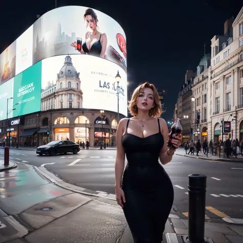 Slightly overweight French woman in a black dress standing on a city street, in Piccadilly Circus, cylindrical shaped LED screen in the background, taken in 2 0 2 0, inspired by Nan Goldin, in the city, night photography , advertisements, Photograph taken ...